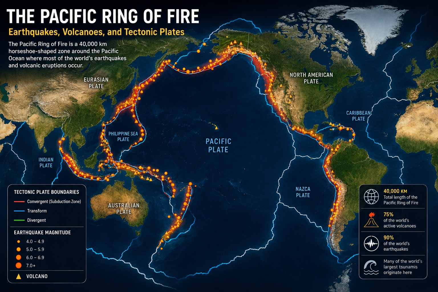 Map of the Pacific Ring of Fire and major tectonic plate boundaries