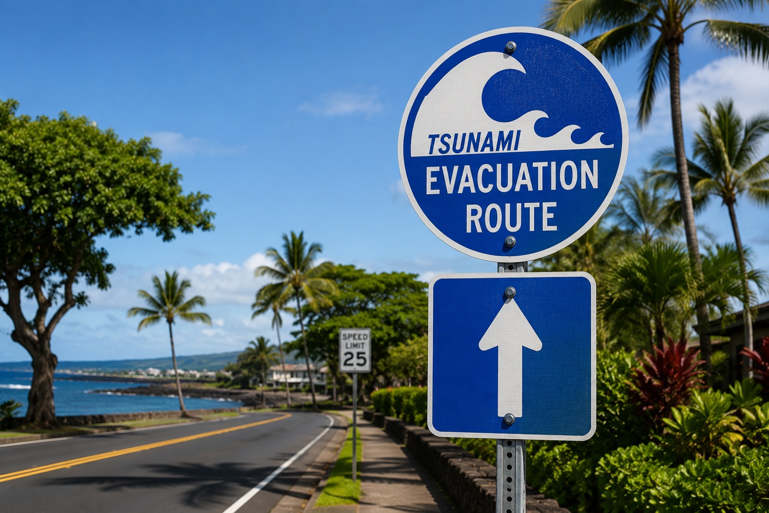 Tsunami evacuation route sign directing people to higher ground
